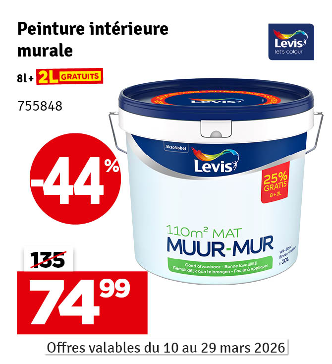 Peinture pour murs blanche mate 8 + 2 L gratuit LEVIS
